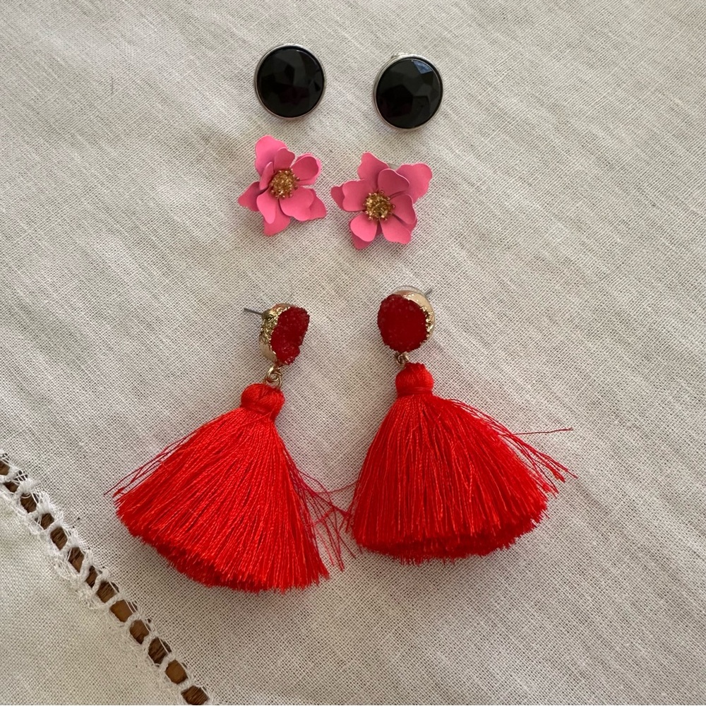 Set of 3 Earrings Red Tassels Black Studs Pink Flowers